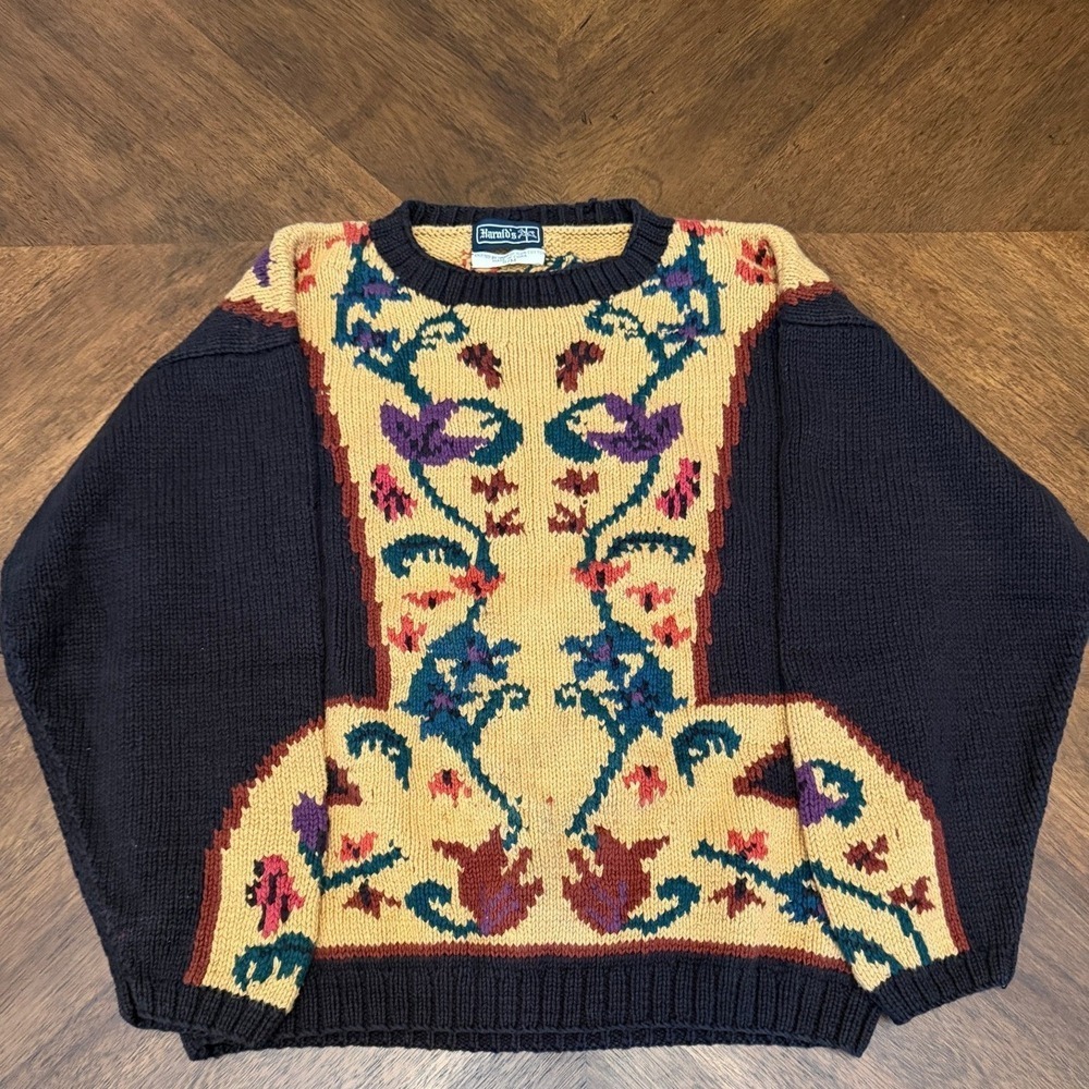 Vintage Harolds Hand Knit Cotton Floral Intarsia Sweater Black‎ Yellow S/M
